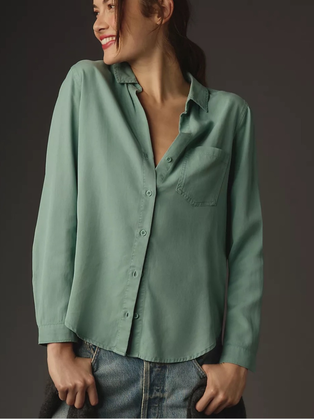 Anthropologie Cloth & Stone Button Down Shirt Large Green Lyocell Top Workwear